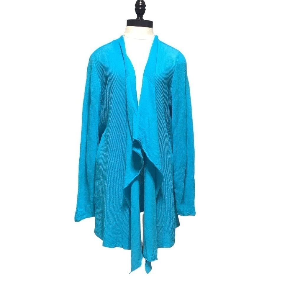 JONES NEW YORK Open Front Waterfall Cardigan Size 1X Blue Linen Blend